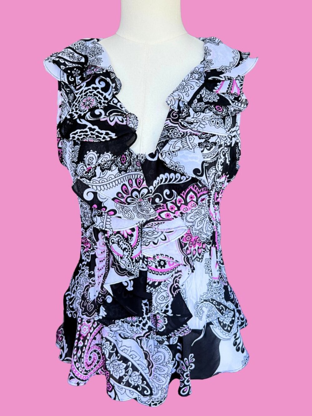 Y2K Sunny Leigh Paisley Ruffle Sleeveless Blouse